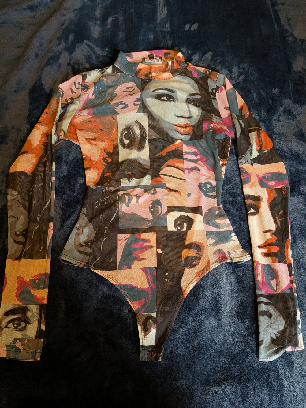 Fashion Nova Multicolor Mesh Graphic Face Print Long Sleeve Bodysuit Size S